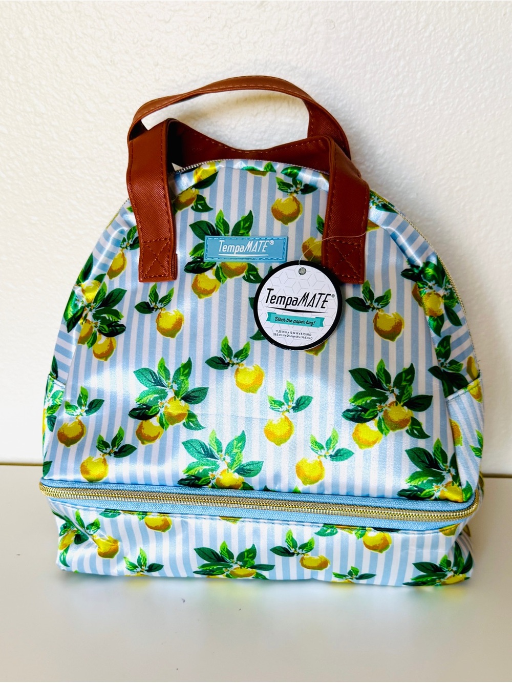 NWT TempaMATE Lemon Print Insulated Lunch Bag Dual Compartment Cooler Tote